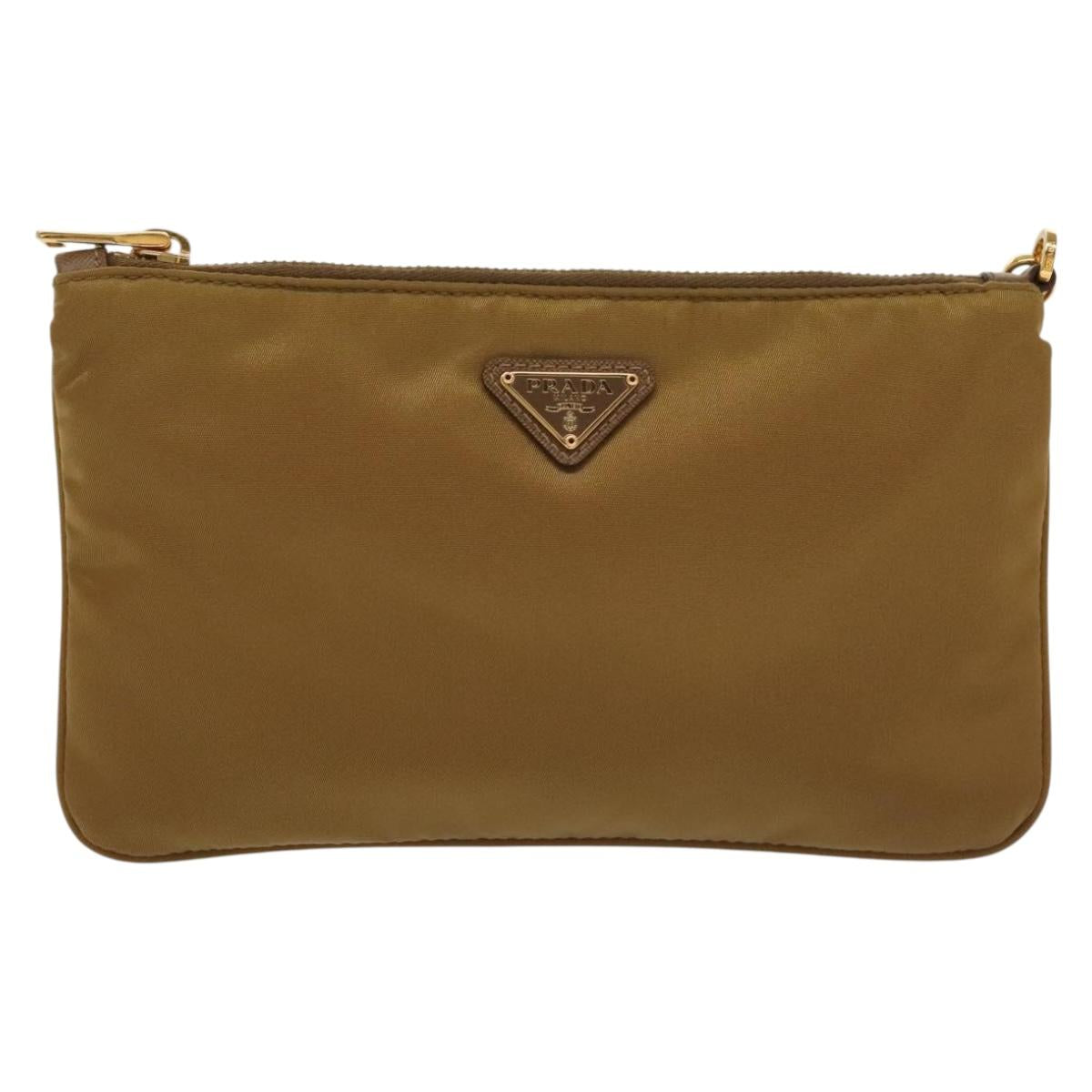 PRADA Clutch Bag Nylon Beige Gold Auth 138126