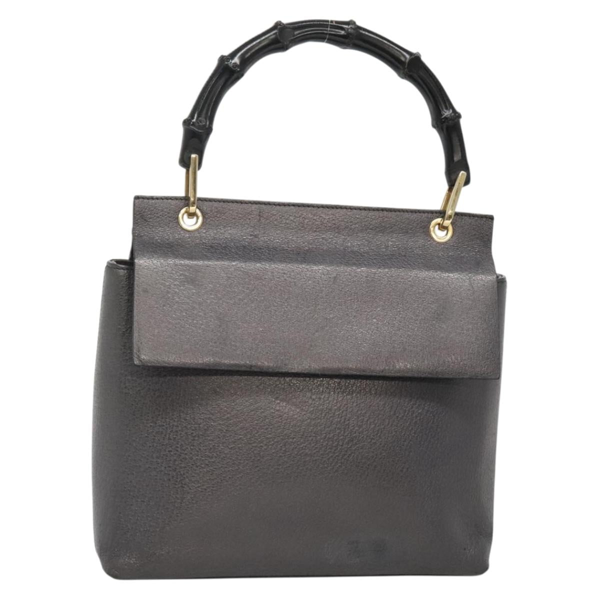 GUCCI Bamboo Hand Bag Leather Gold Charcoal gray 001 3444 1887 Auth 138139