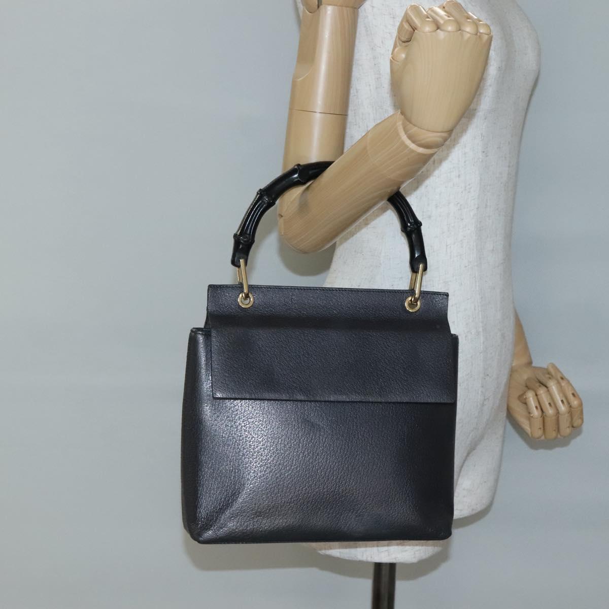 GUCCI Bamboo Hand Bag Leather Gold Charcoal gray 001 3444 1887 Auth 138139