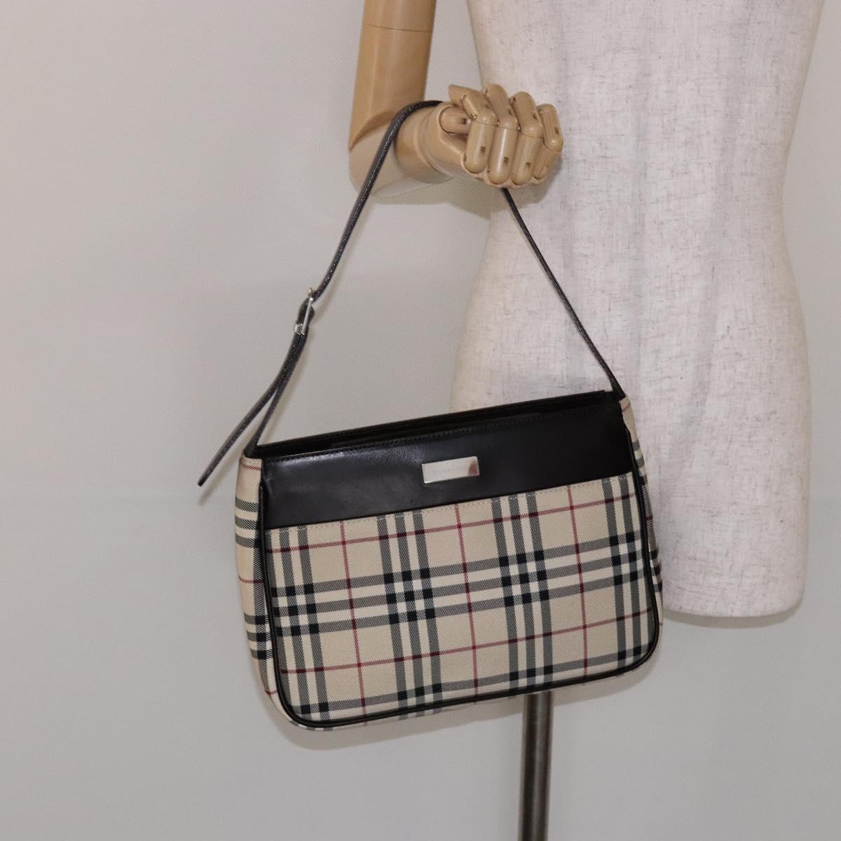 BURBERRY Nova Check Shoulder Bag Canvas Beige Silver Auth 138176