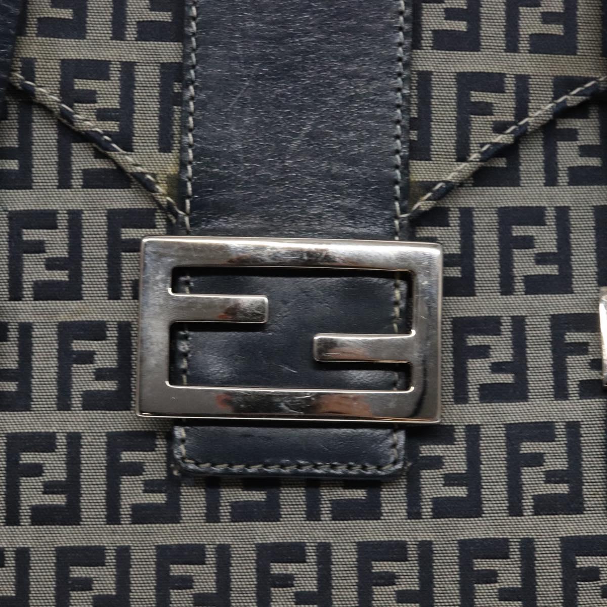 FENDI Zucchino Canvas Mamma Baguette Hand Bag Navy Silver Auth 138177