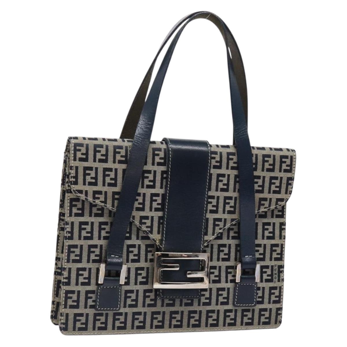 FENDI Zucchino Canvas Mamma Baguette Hand Bag Navy Silver Auth 138177