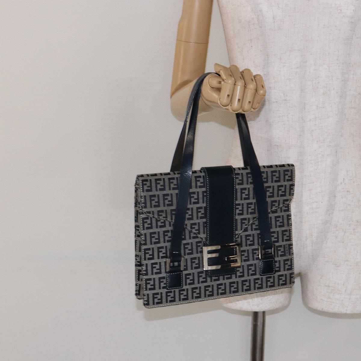 FENDI Zucchino Canvas Mamma Baguette Hand Bag Navy Silver Auth 138177