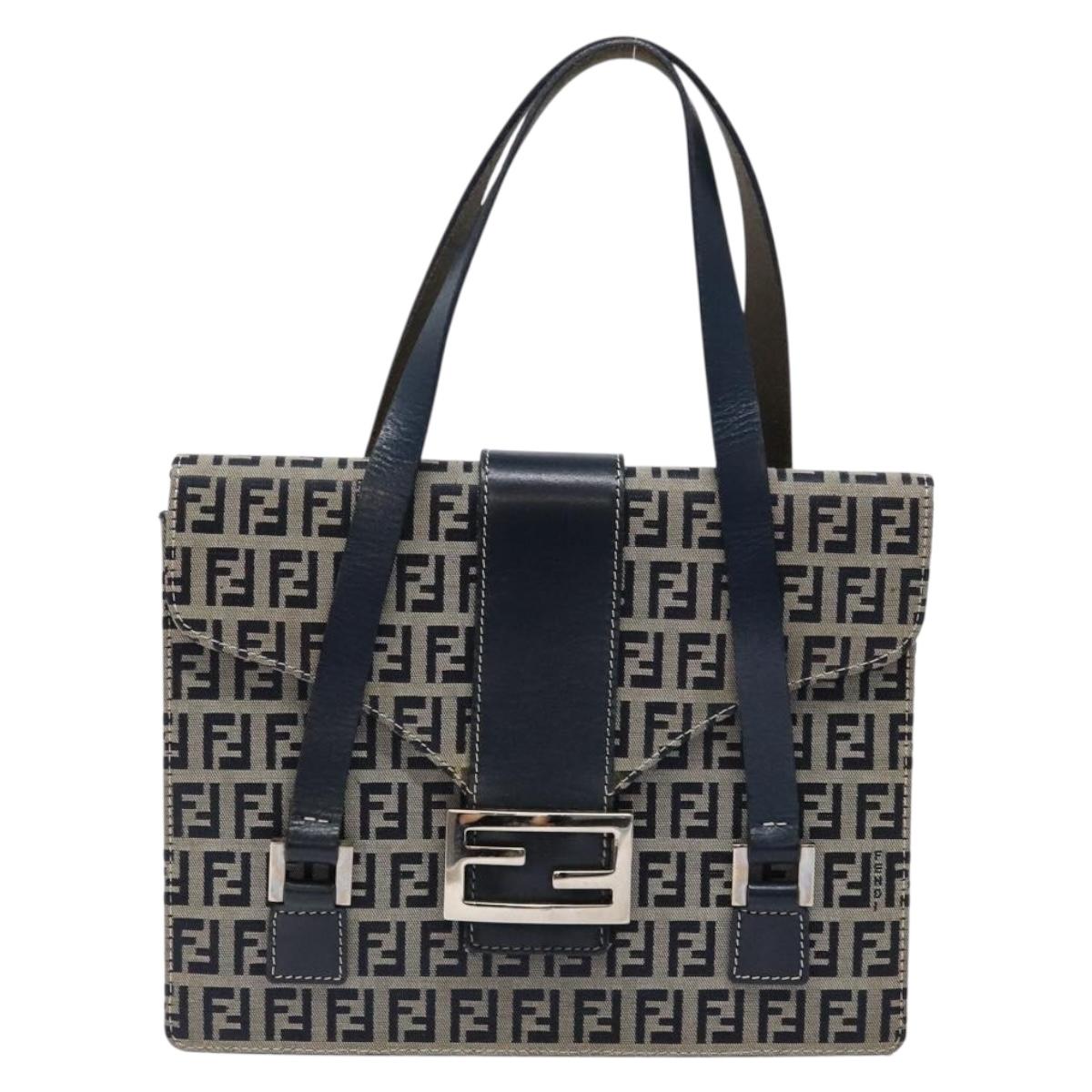 FENDI Zucchino Canvas Mamma Baguette Hand Bag Navy Silver Auth 138177