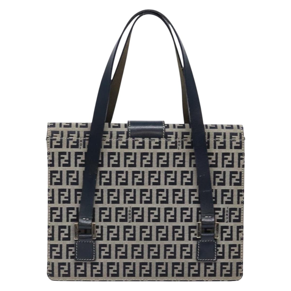 FENDI Zucchino Canvas Mamma Baguette Hand Bag Navy Silver Auth 138177