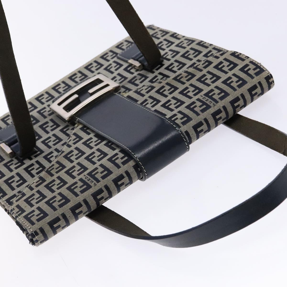 FENDI Zucchino Canvas Mamma Baguette Hand Bag Navy Silver Auth 138177