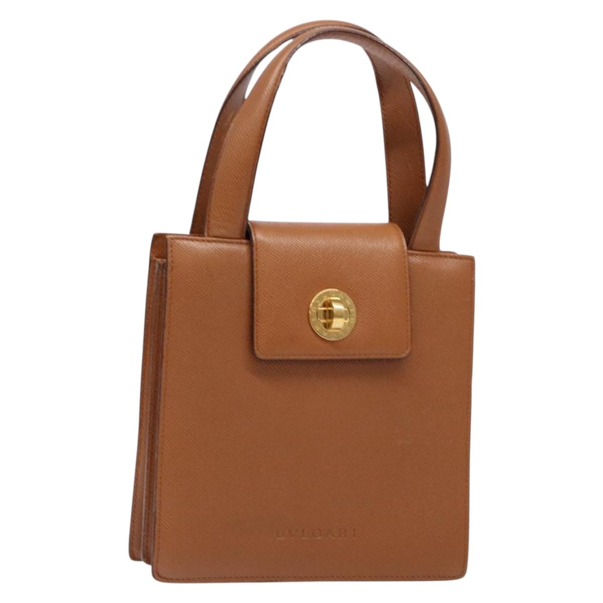 BVLGARI Hand Bag Leather Brown Gold Auth 138226