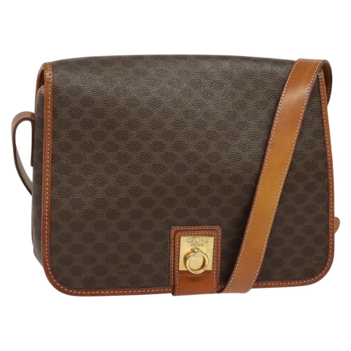 CELINE Macadam Canvas Shoulder Bag PVC Leather Brown Gold Auth 138247