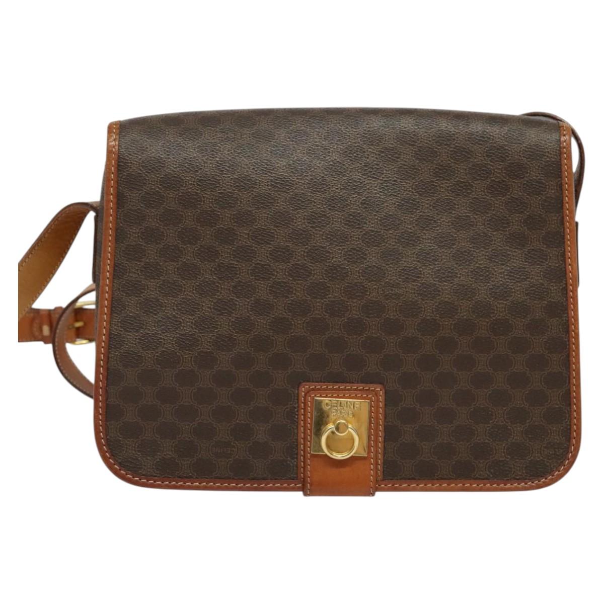 CELINE Macadam Canvas Shoulder Bag PVC Leather Brown Gold Auth 138247