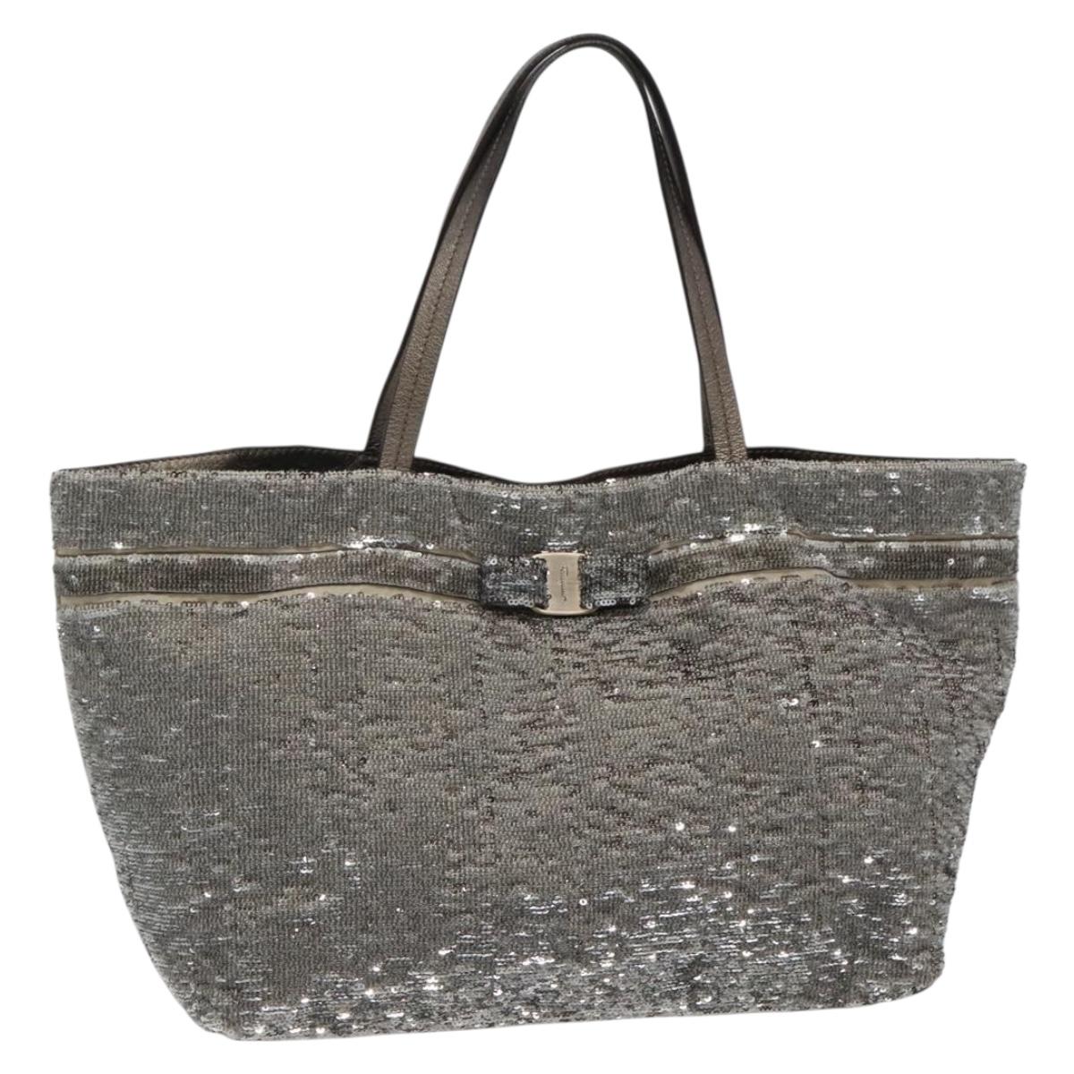 Salvatore Ferragamo Sequin Vala Tote Bag Nylon Silver Auth 138278