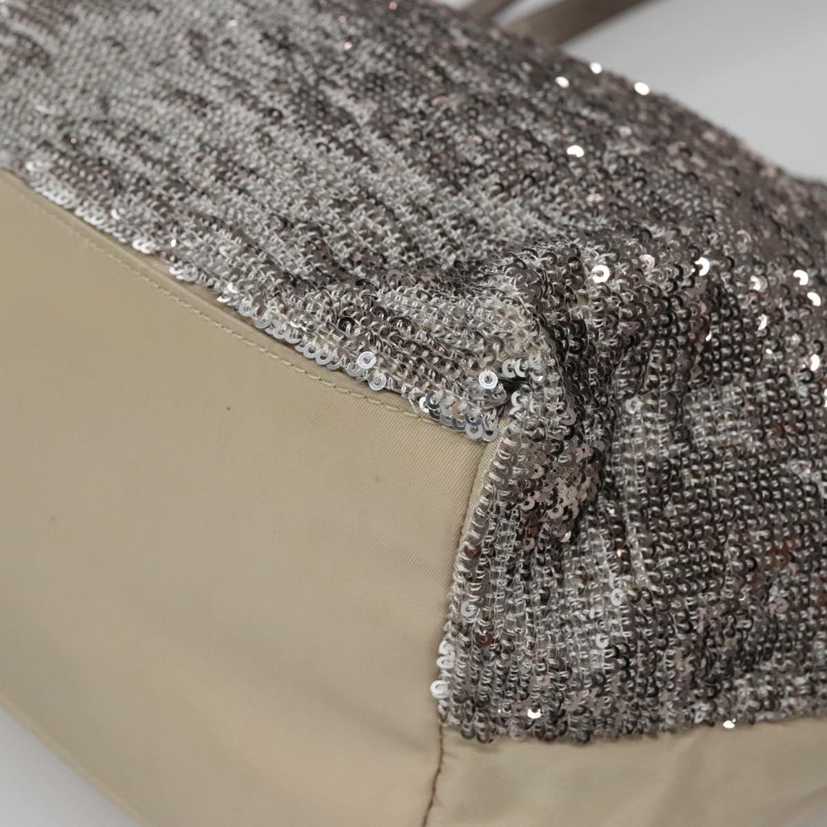 Salvatore Ferragamo Sequin Vala Tote Bag Nylon Silver Auth 138278