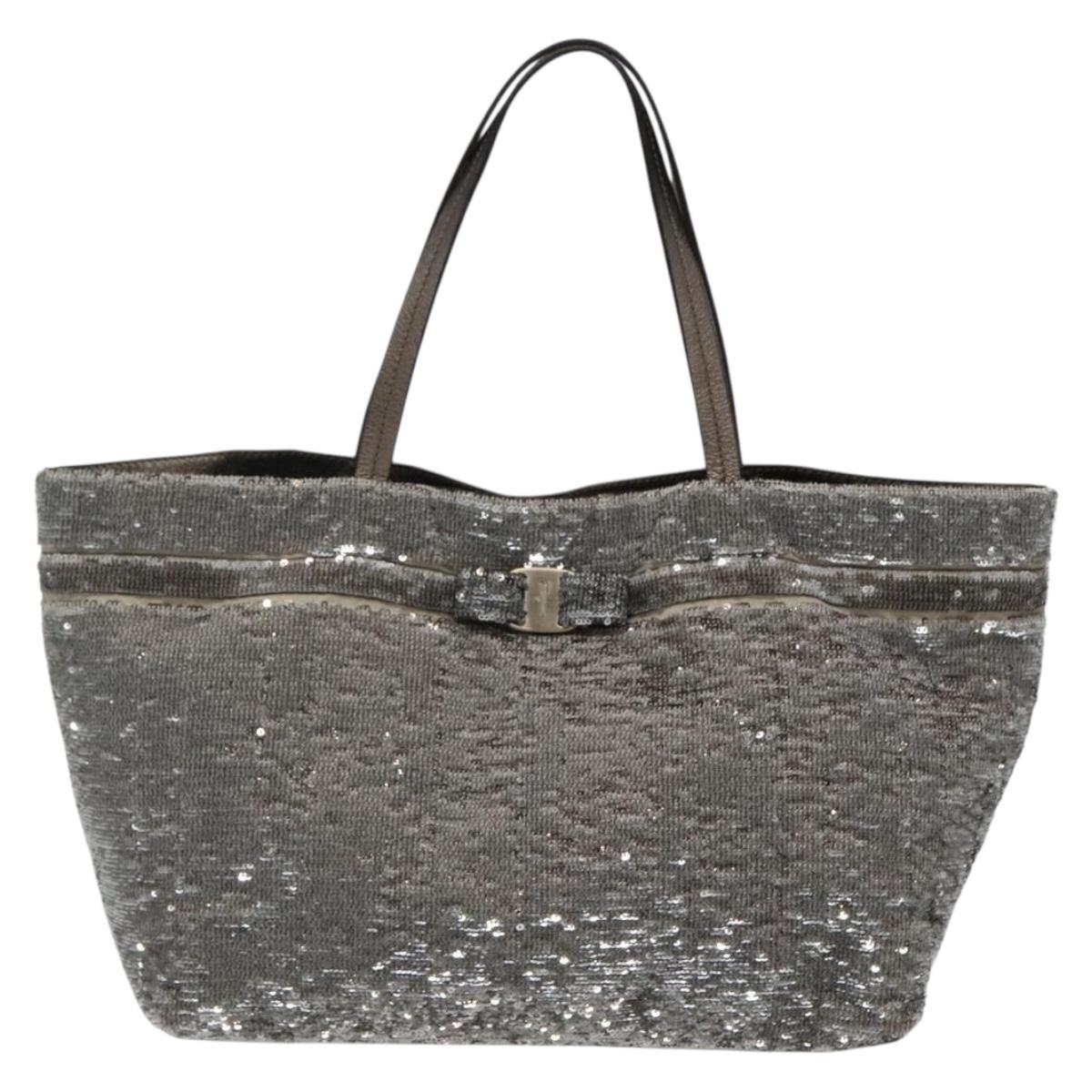 Salvatore Ferragamo Sequin Vala Tote Bag Nylon Silver Auth 138278