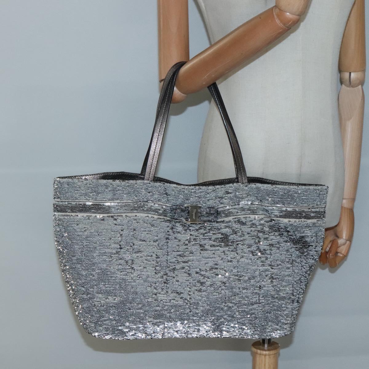 Salvatore Ferragamo Sequin Vala Tote Bag Nylon Silver Auth 138278