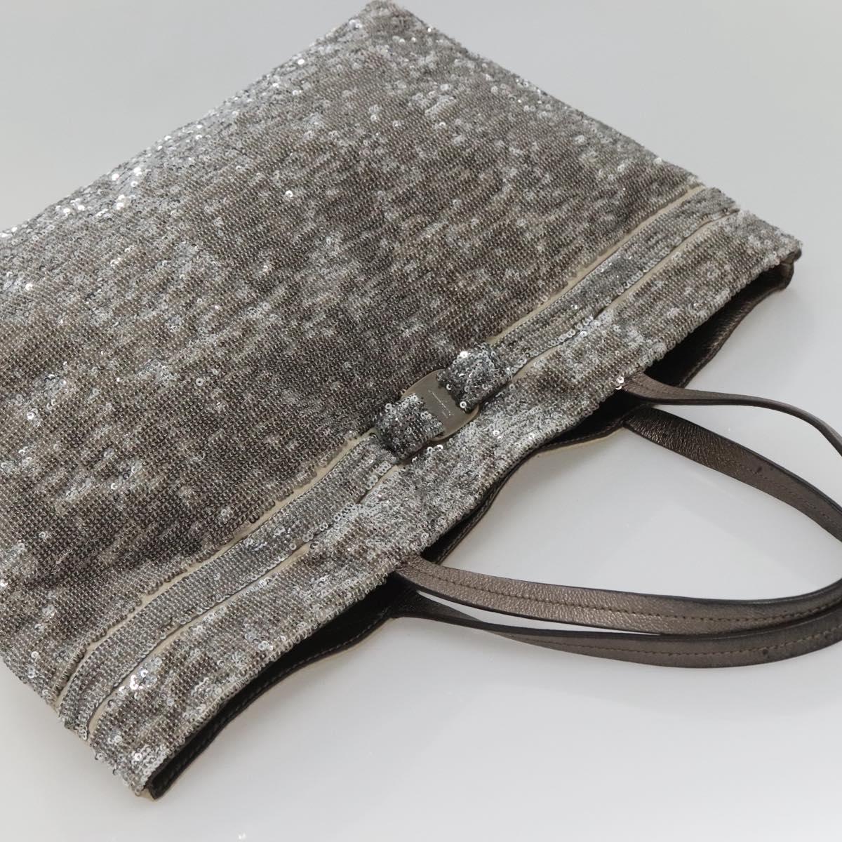 Salvatore Ferragamo Sequin Vala Tote Bag Nylon Silver Auth 138278