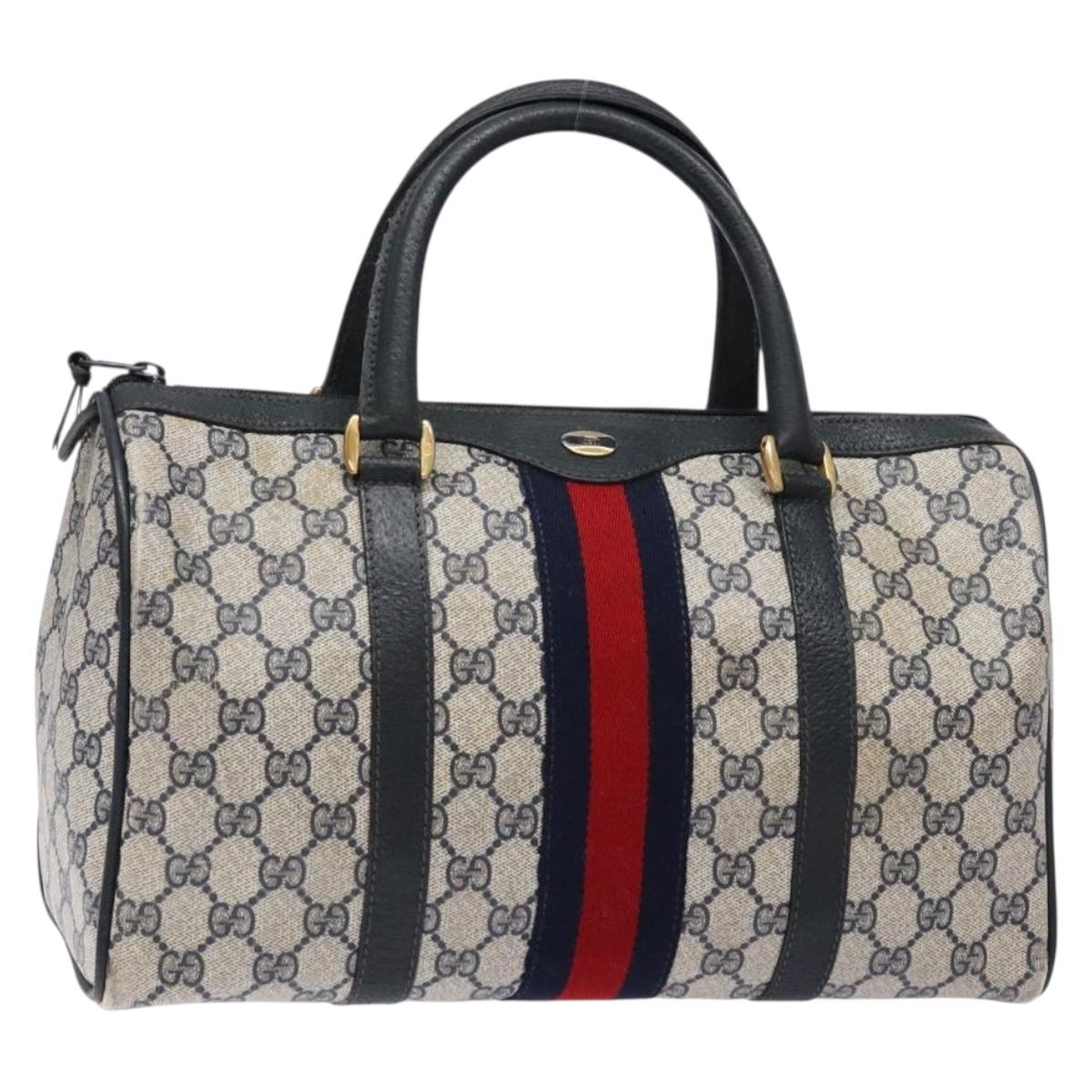 GUCCI GG Supreme Sherry Line Boston Bag PVC Navy Red gold Auth 138290