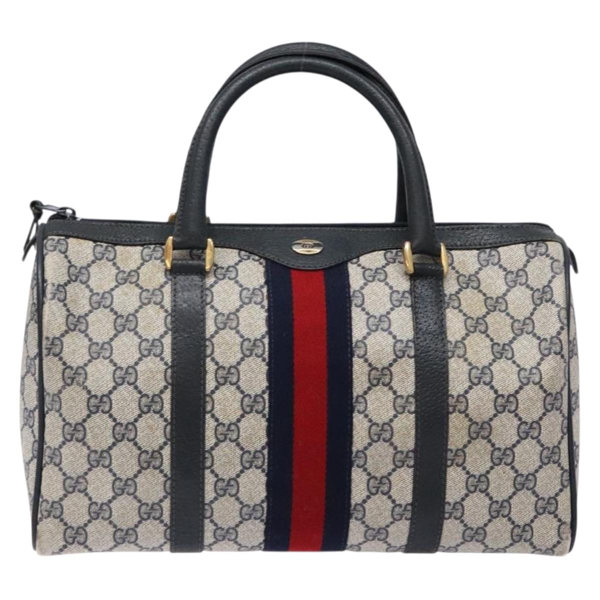 GUCCI GG Supreme Sherry Line Boston Bag PVC Navy Red gold Auth 138290