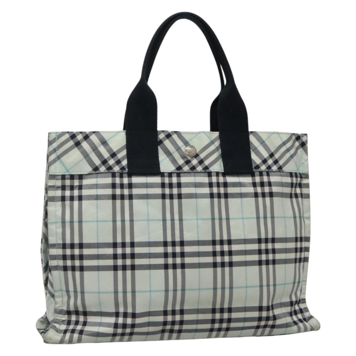BURBERRY Nova Check Blue Label Hand Bag Nylon Light Blue Silver Auth 138310