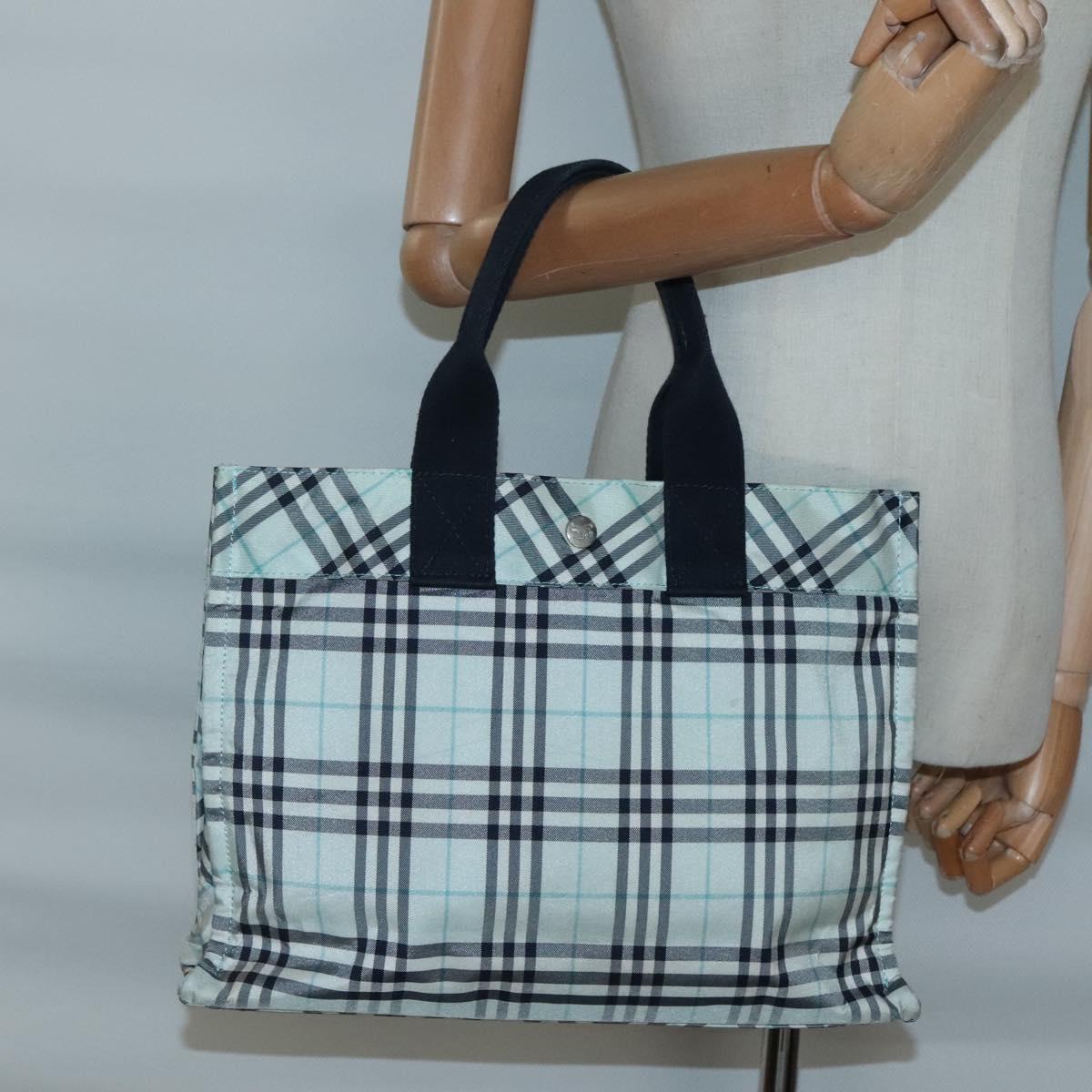 BURBERRY Nova Check Blue Label Hand Bag Nylon Light Blue Silver Auth 138310