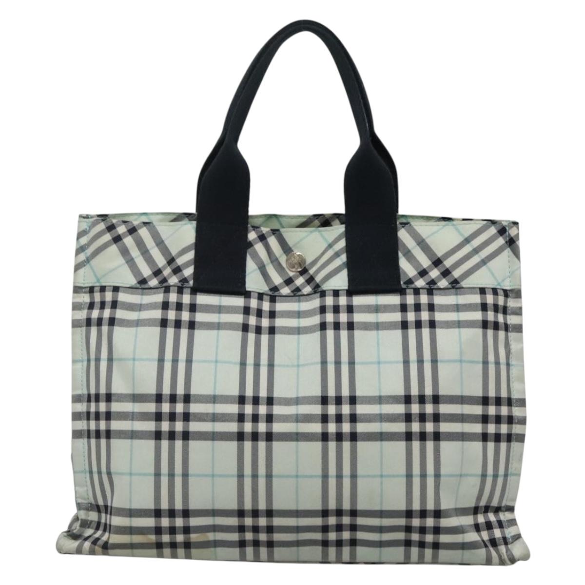 BURBERRY Nova Check Blue Label Hand Bag Nylon Light Blue Silver Auth 138310