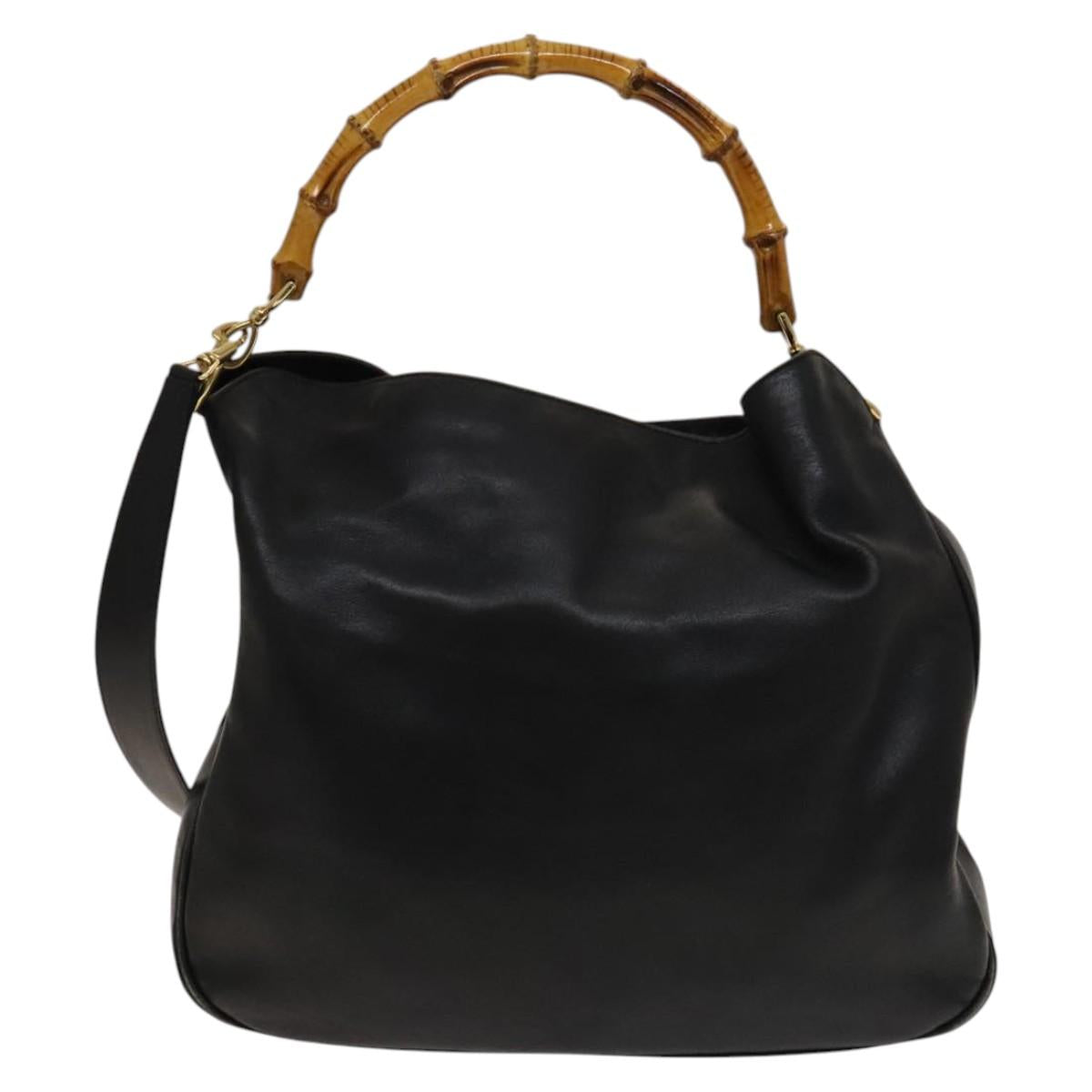 GUCCI Bamboo Shoulder Bag Leather 2way Black Gold 001 1577 Auth 138325