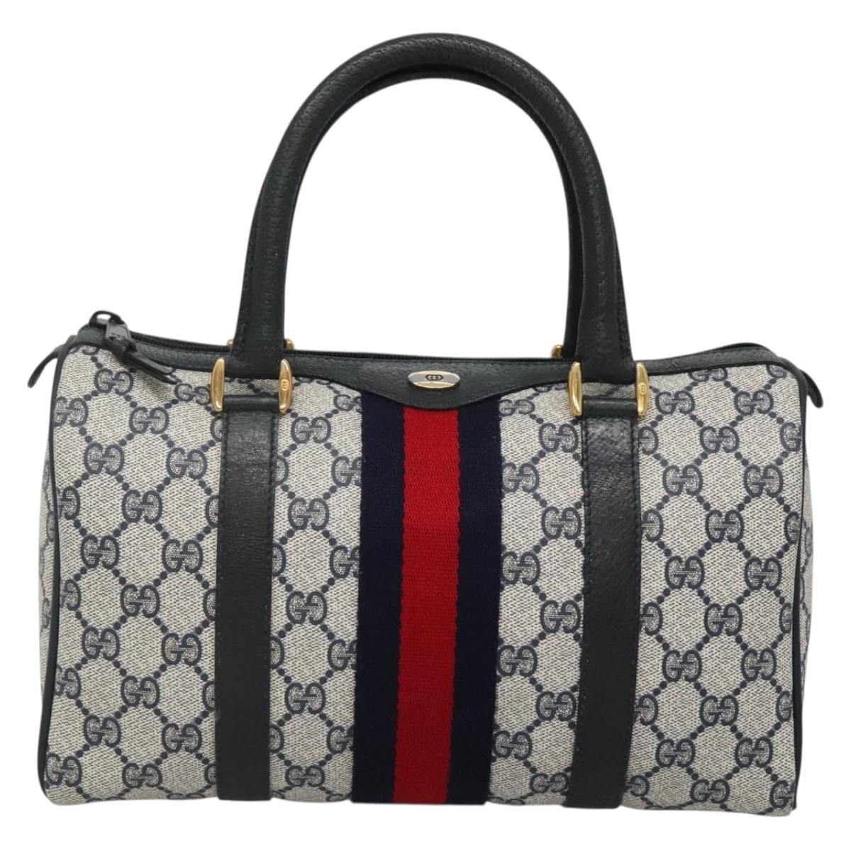 GUCCI GG Supreme Sherry Line Boston Bag PVC Navy Red gold 69 02 006 Auth 138326