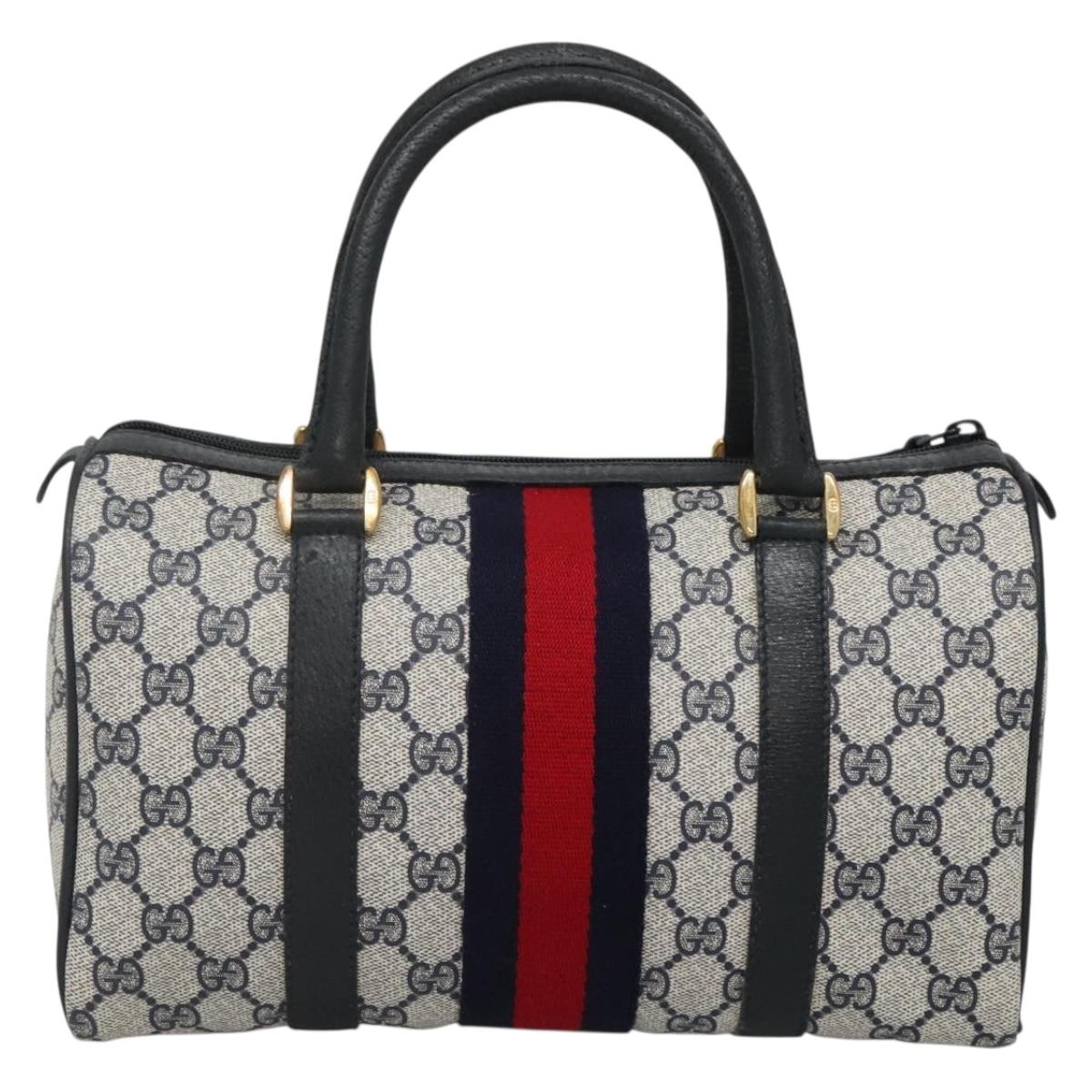 GUCCI GG Supreme Sherry Line Boston Bag PVC Navy Red gold 69 02 006 Auth 138326