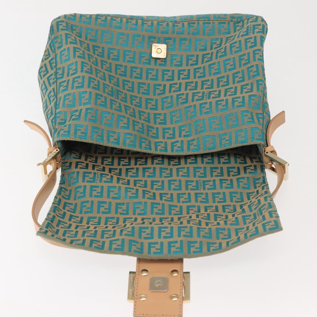 FENDI Zucchino Canvas Mamma Baguette Shoulder Bag Gold Green Auth 138349