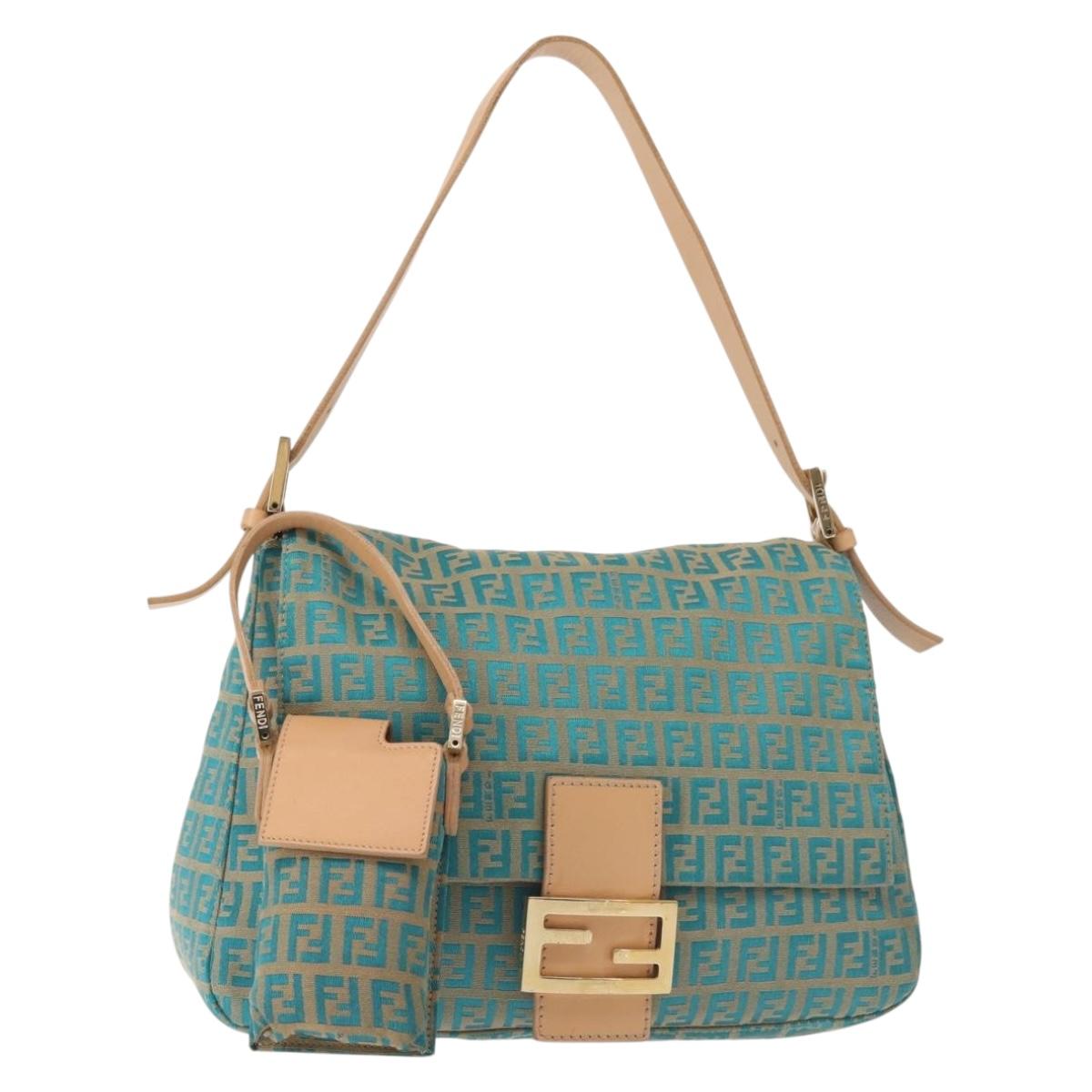 FENDI Zucchino Canvas Mamma Baguette Shoulder Bag Gold Green Auth 138349