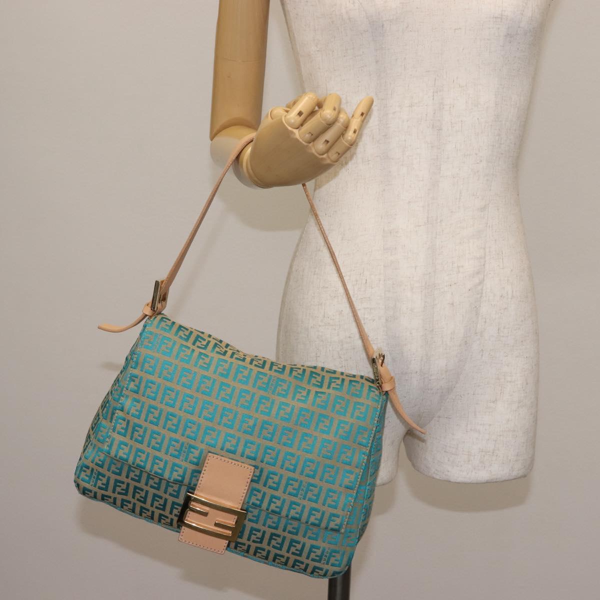 FENDI Zucchino Canvas Mamma Baguette Shoulder Bag Gold Green Auth 138349