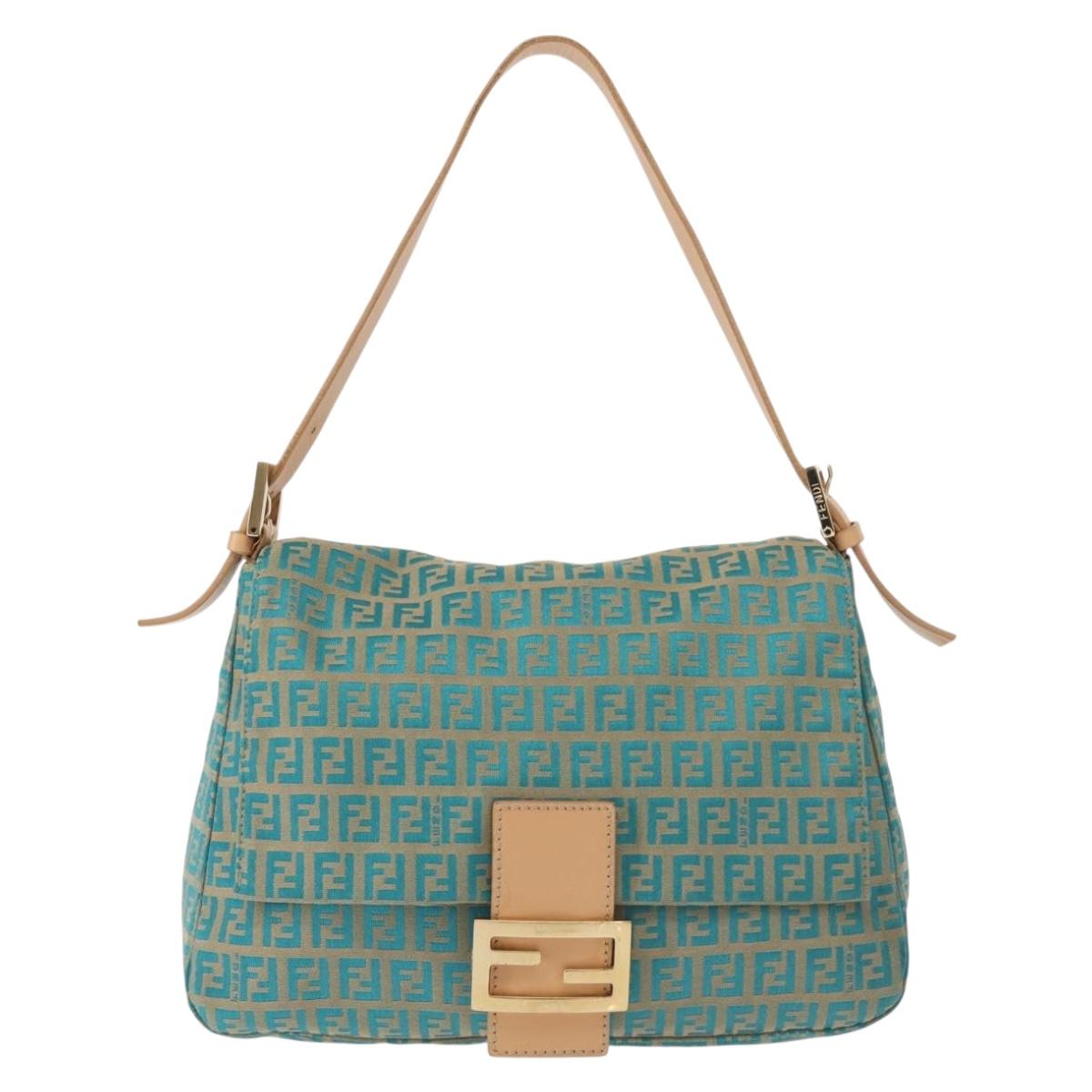 FENDI Zucchino Canvas Mamma Baguette Shoulder Bag Gold Green Auth 138349