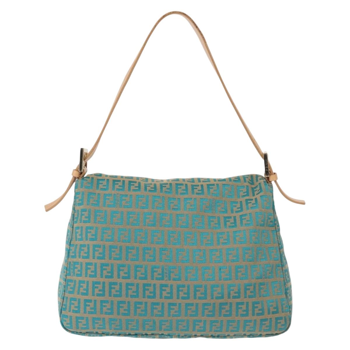 FENDI Zucchino Canvas Mamma Baguette Shoulder Bag Gold Green Auth 138349