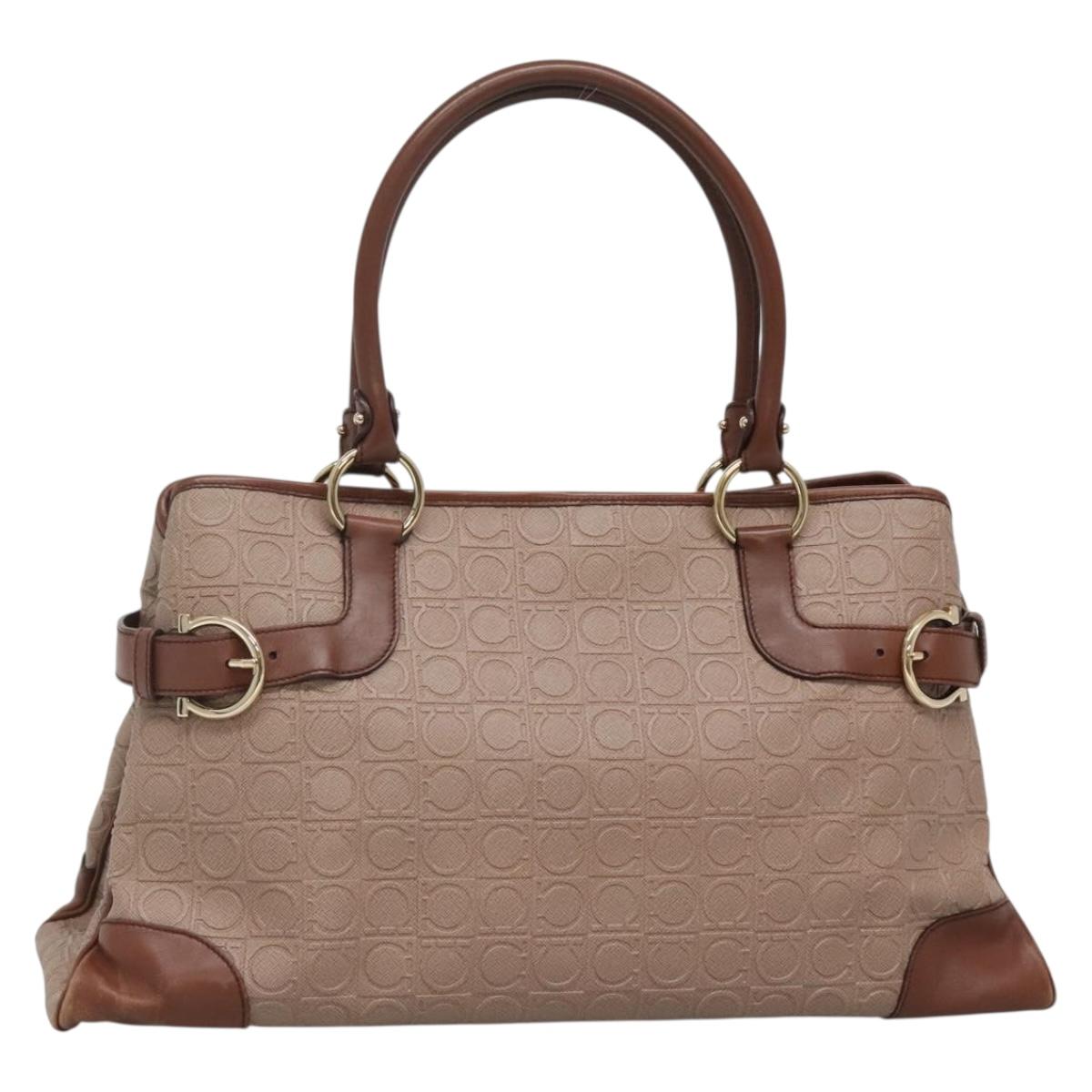 Salvatore Ferragamo Gancini Tote Bag Leather Brown Gold Auth 138354
