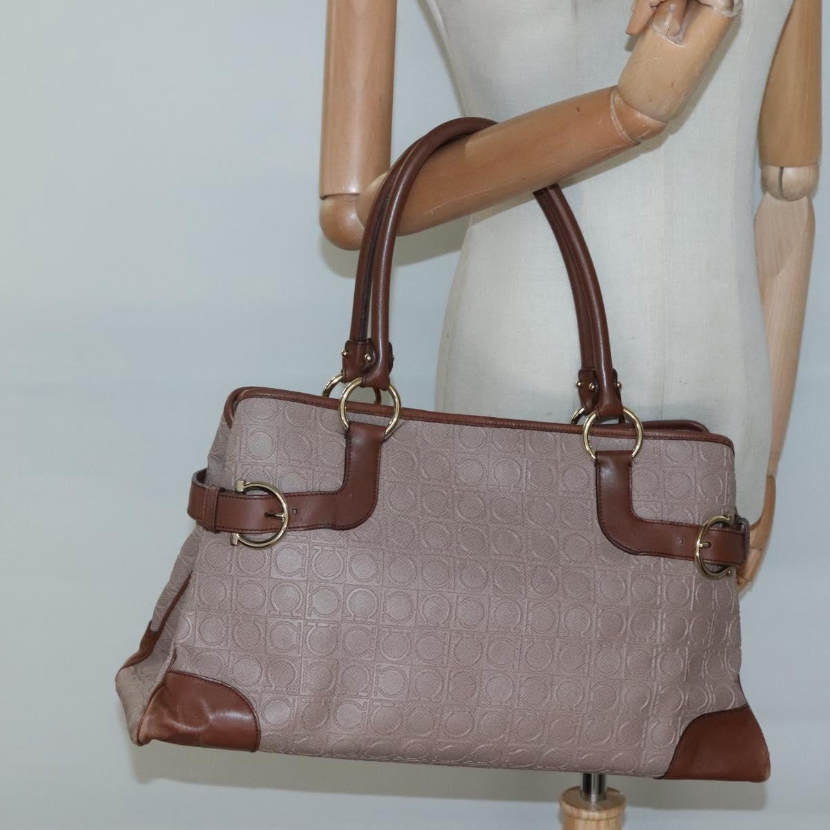 Salvatore Ferragamo Gancini Tote Bag Leather Brown Gold Auth 138354