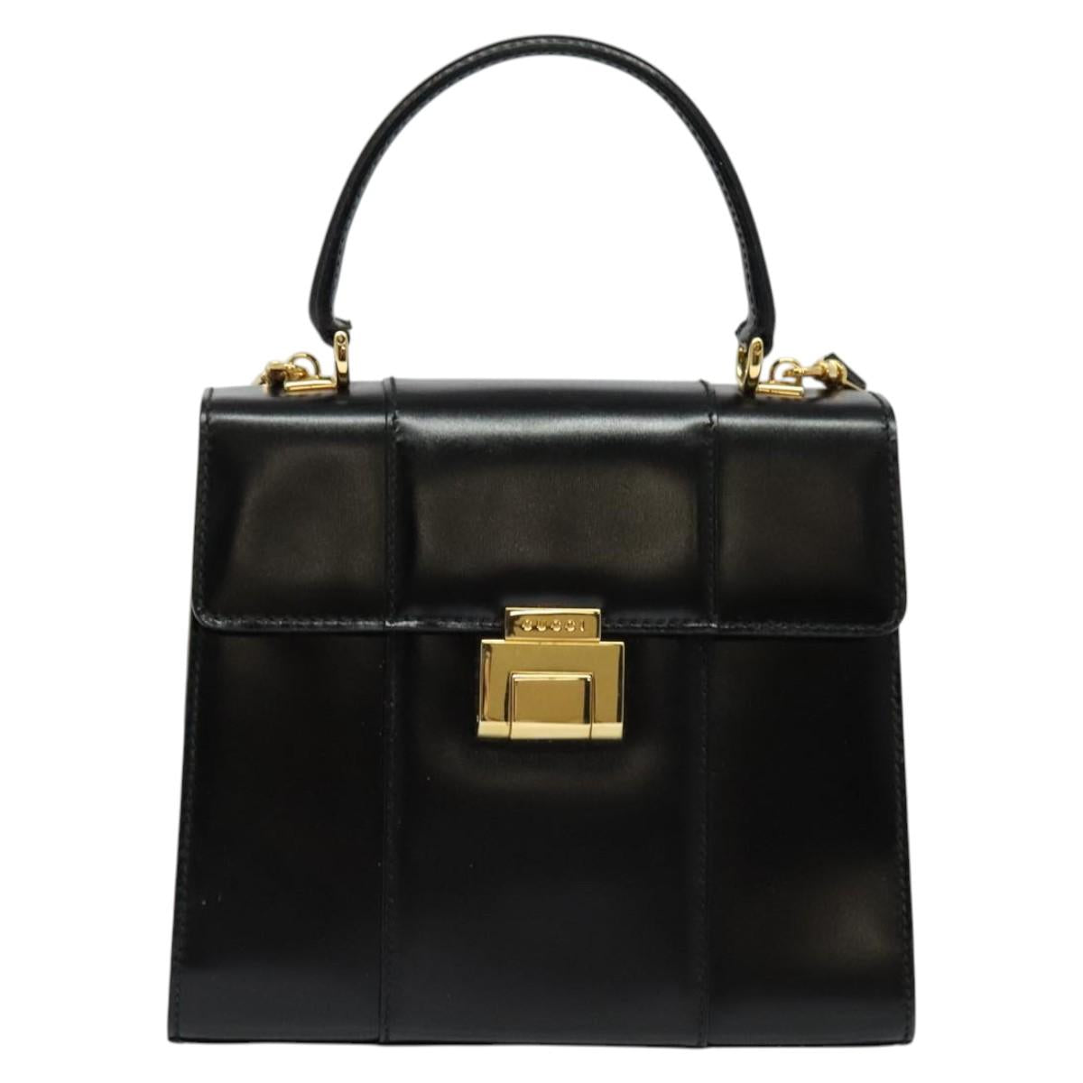 GUCCI Hand Bag Leather 2way Black Gold Auth 138368