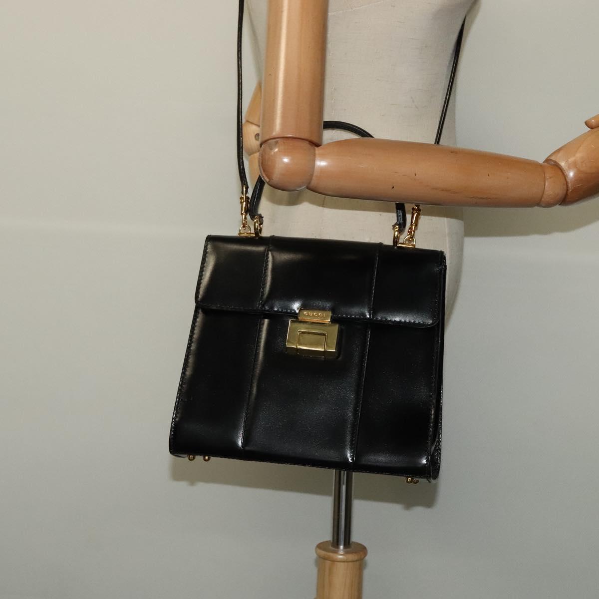 GUCCI Hand Bag Leather 2way Black Gold Auth 138368