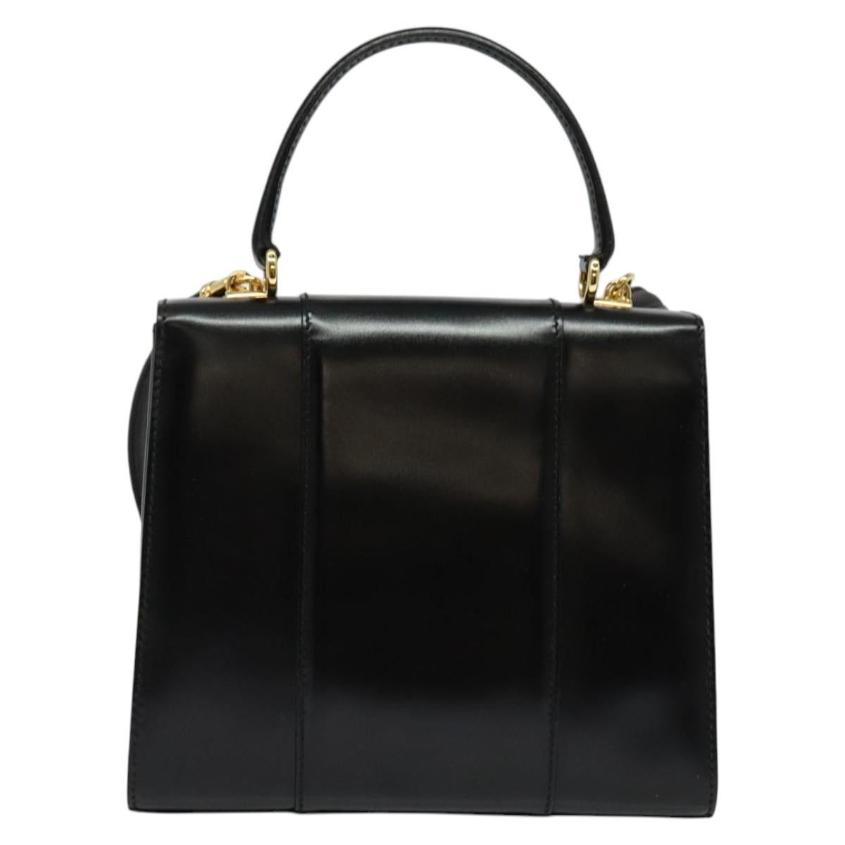 GUCCI Hand Bag Leather 2way Black Gold Auth 138368