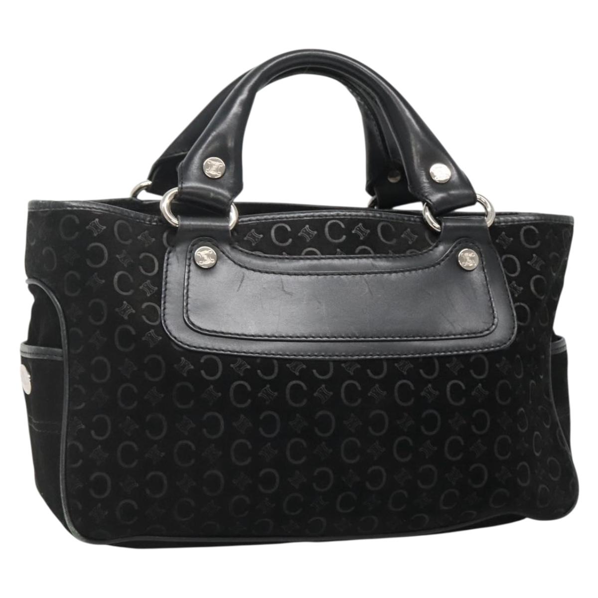CELINE C Macadam Canvas Hand Bag Suede Black Silver Auth 138370