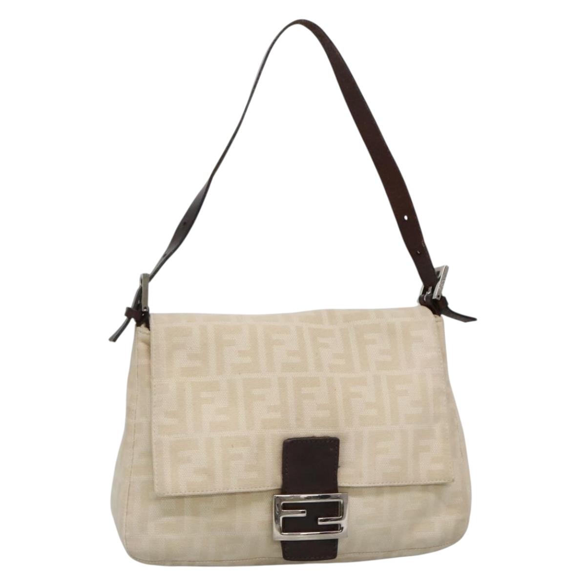 FENDI Zucca Canvas Mamma Baguette Shoulder Bag Beige Silver Auth 138371