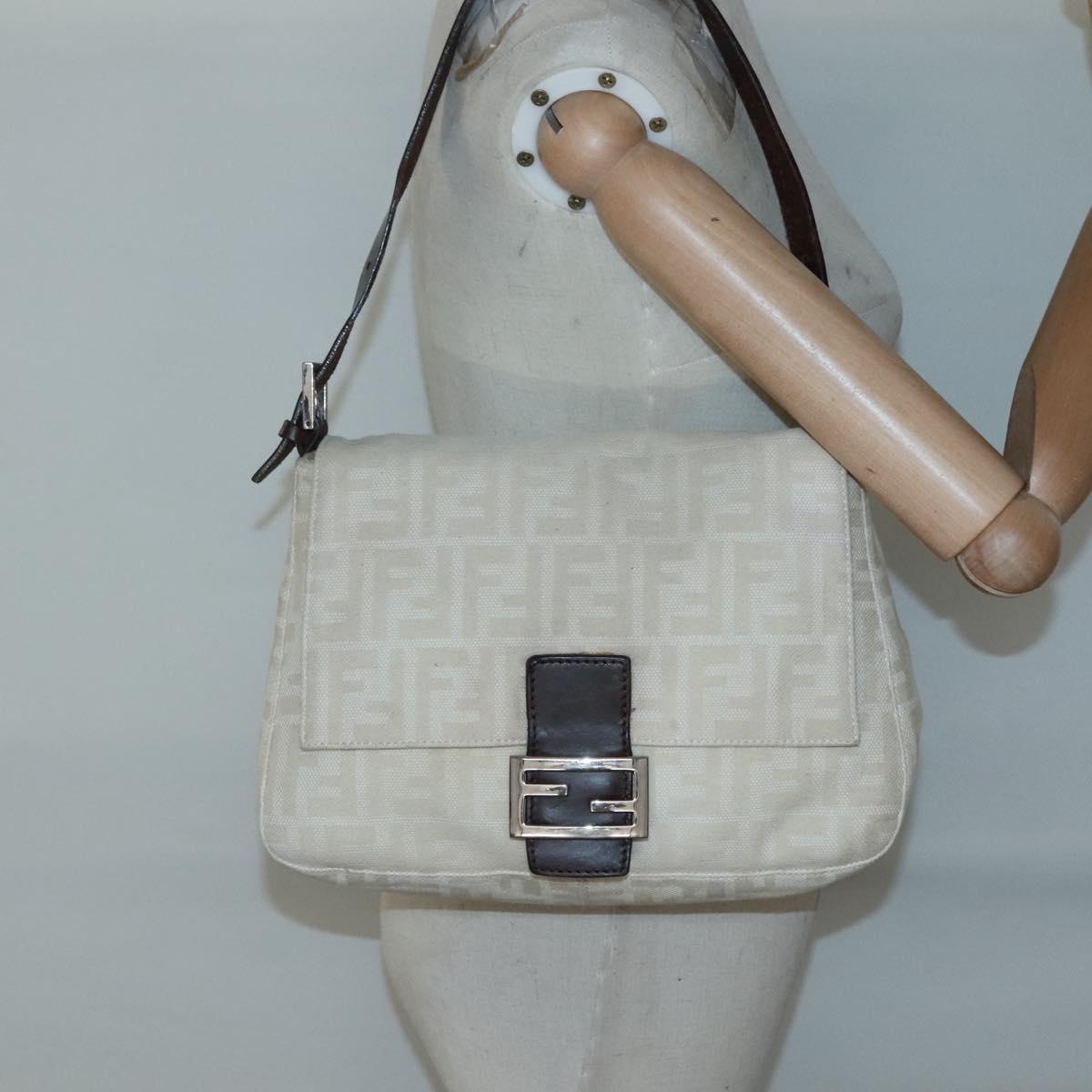 FENDI Zucca Canvas Mamma Baguette Shoulder Bag Beige Silver Auth 138371