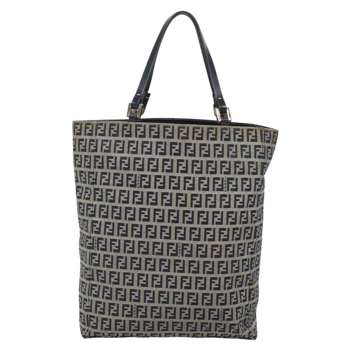 FENDI Zucchino Canvas Hand Bag Navy Silver Auth 138385