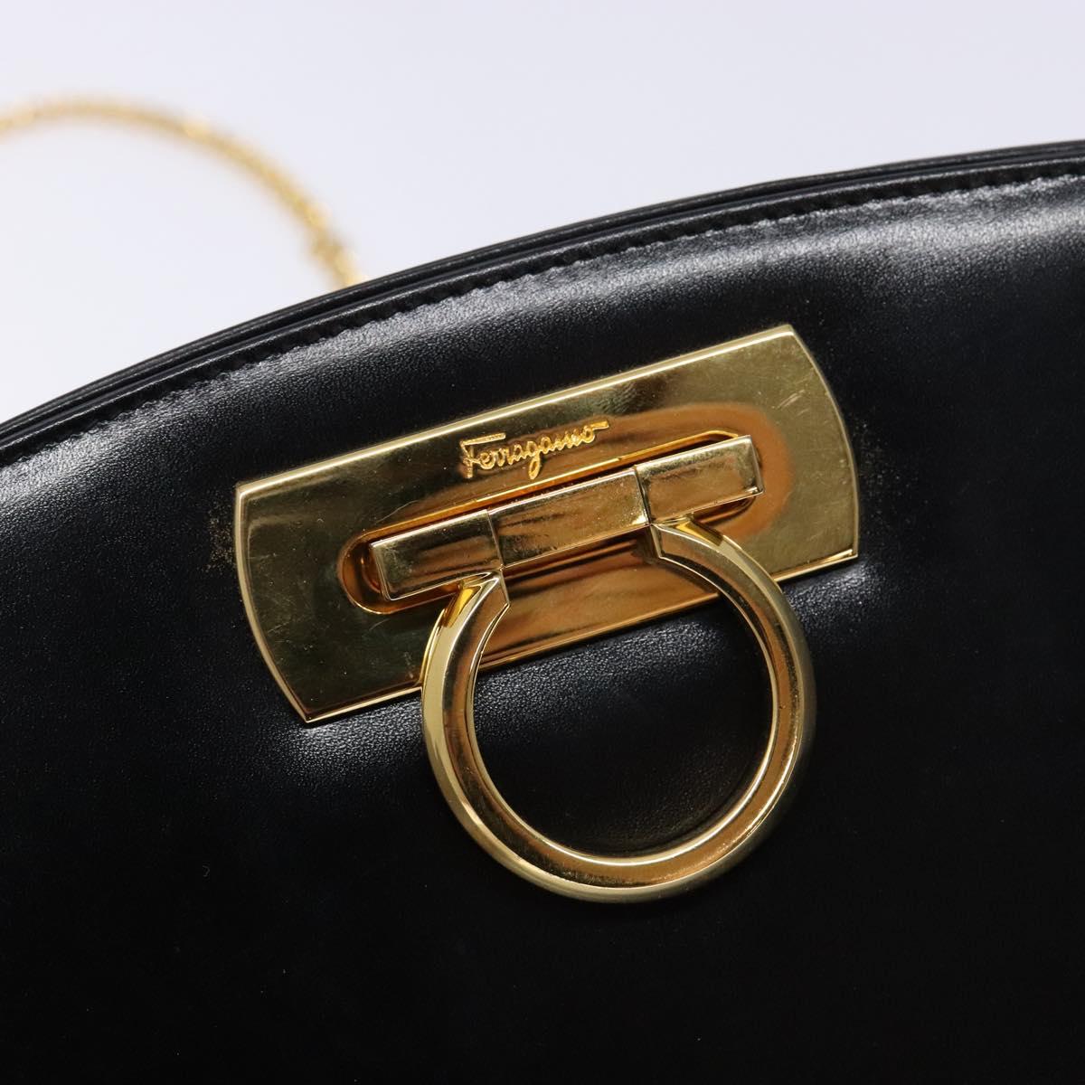 Salvatore Ferragamo Gancini Chain Shoulder Bag Leather Black Gold Auth 138417