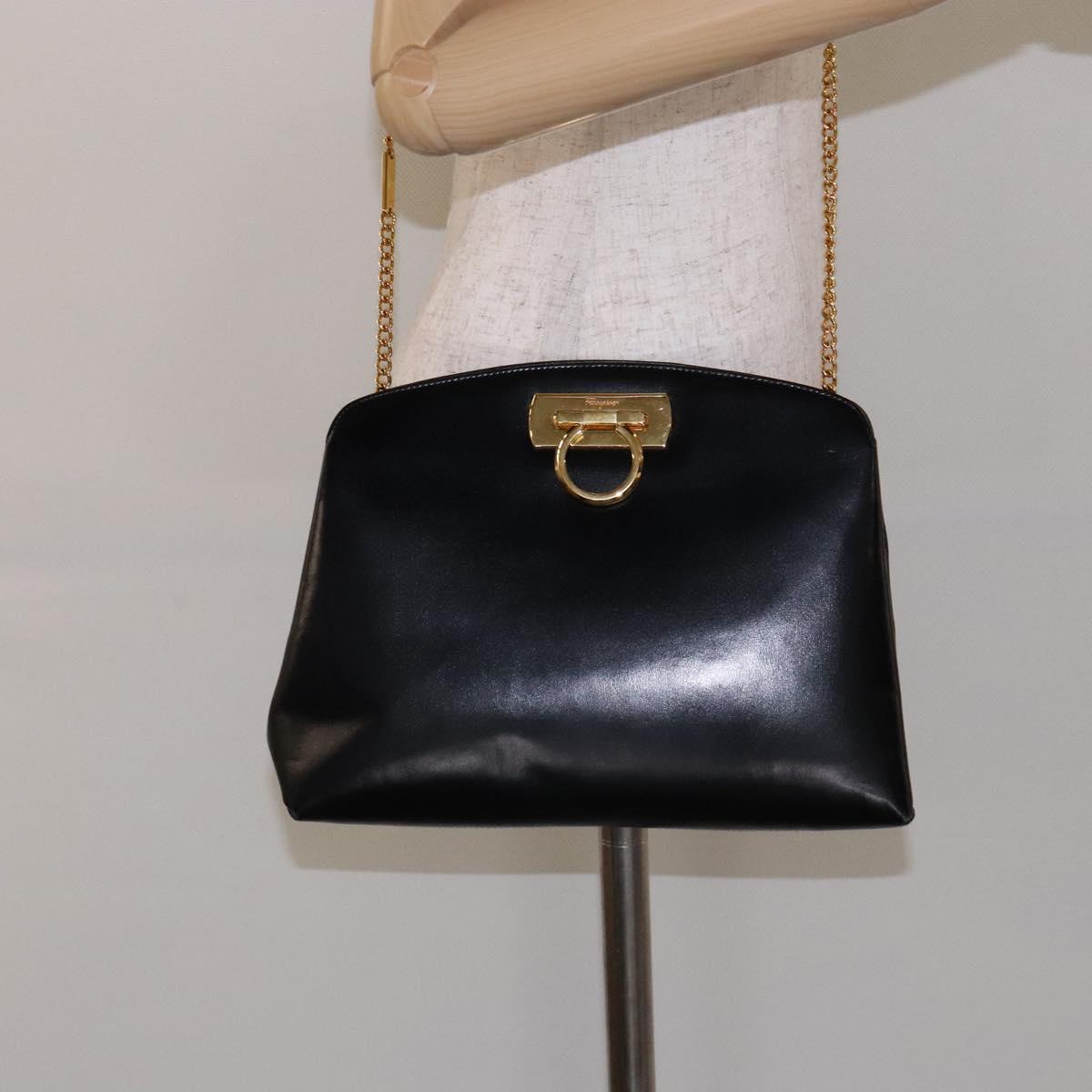 Salvatore Ferragamo Gancini Chain Shoulder Bag Leather Black Gold Auth 138417