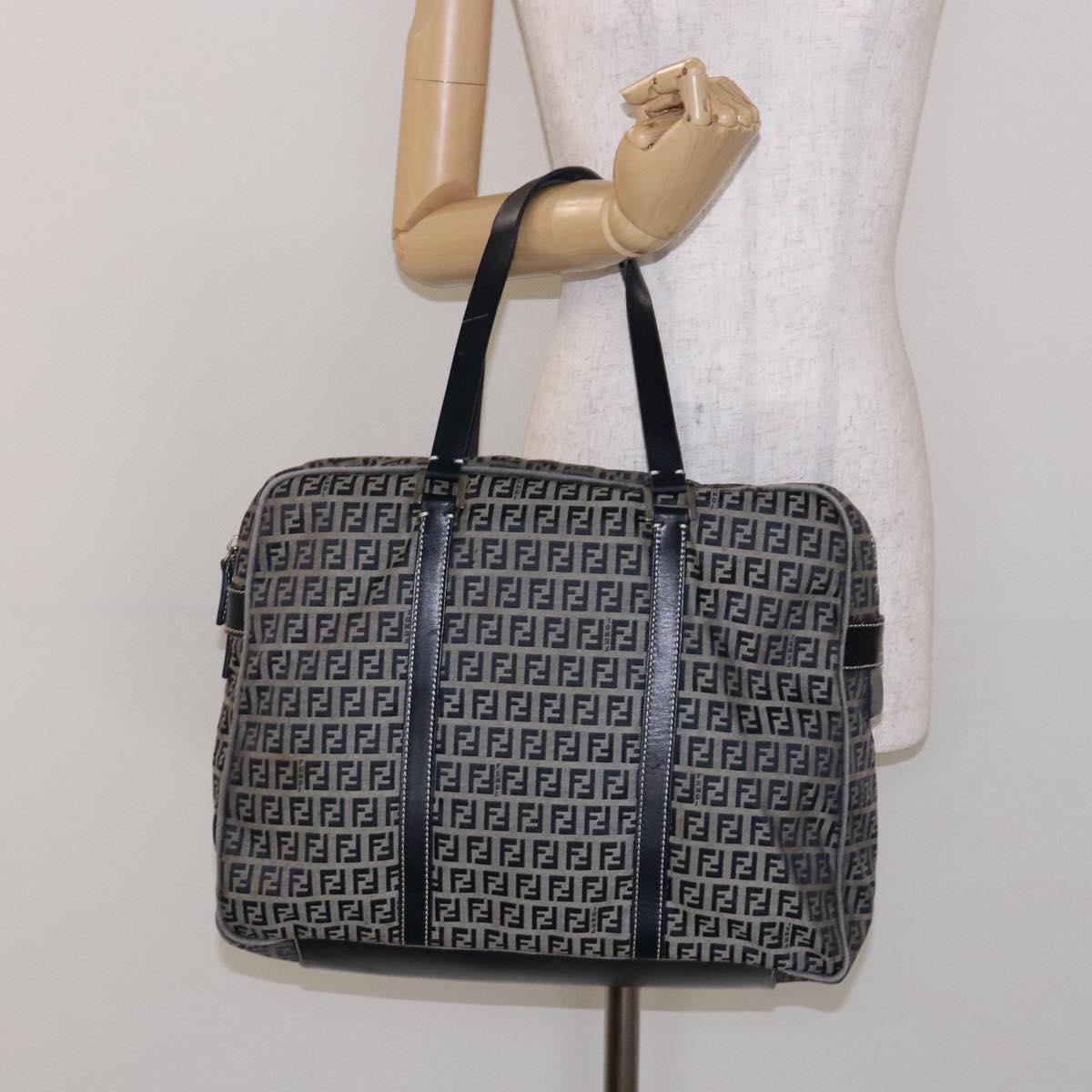 FENDI Zucchino Canvas Tote Bag Navy Silver Auth 138460