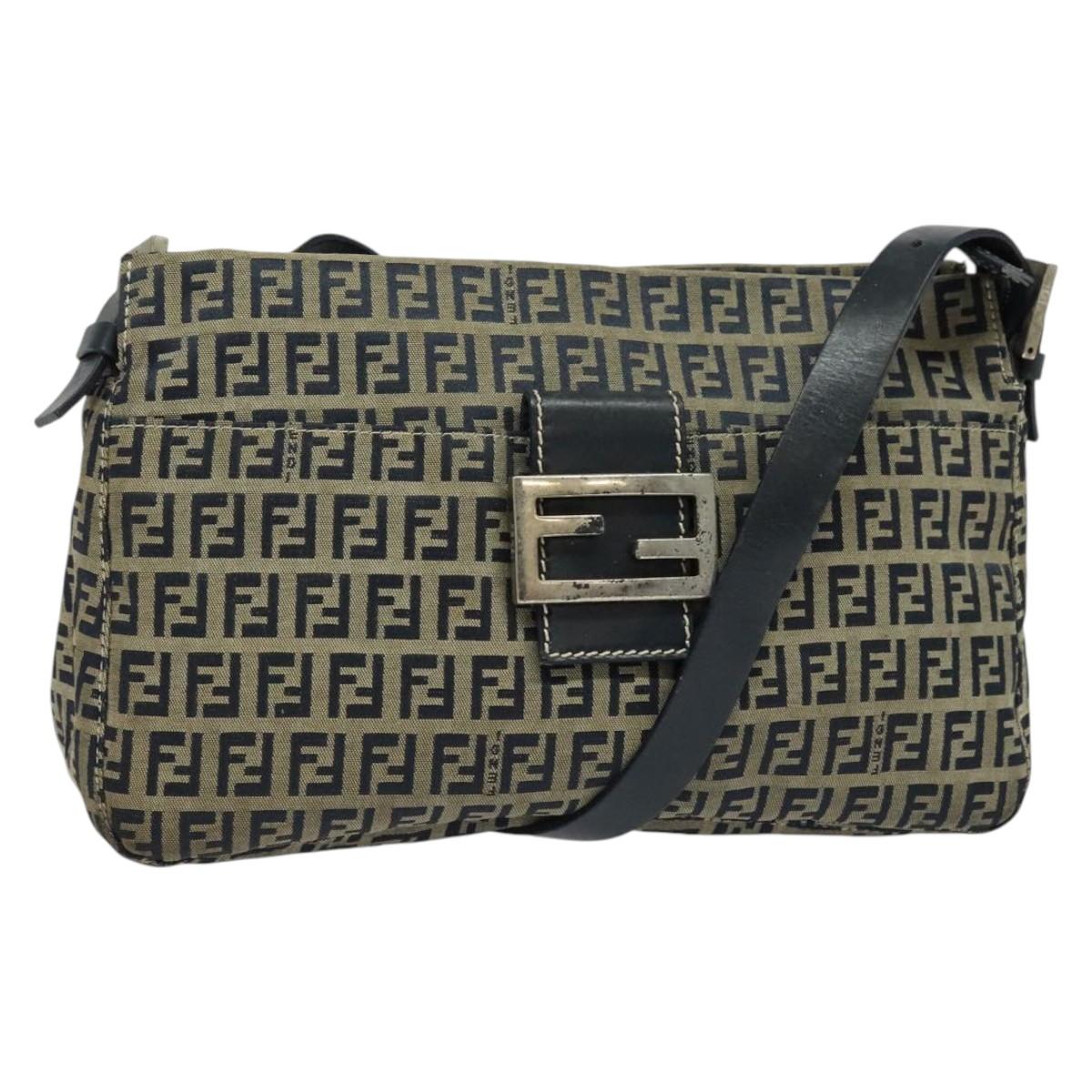 FENDI Zucchino Canvas Mamma Baguette Shoulder Bag Navy Silver Auth 138467