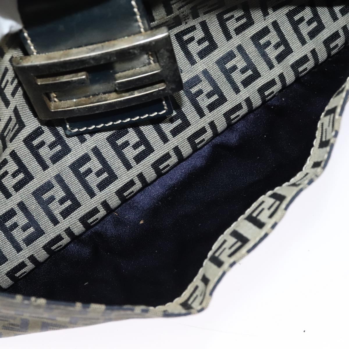 FENDI Zucchino Canvas Mamma Baguette Shoulder Bag Navy Silver Auth 138467