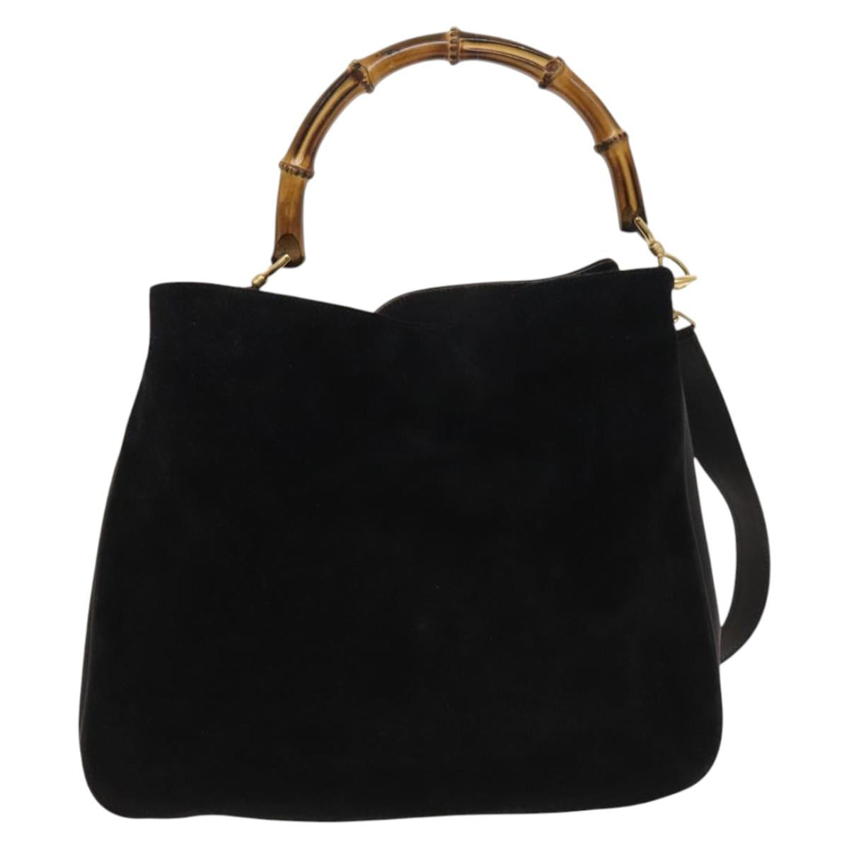 GUCCI Bamboo Shoulder Bag Suede 2way Black Gold 01 1705 1577 Auth 138502