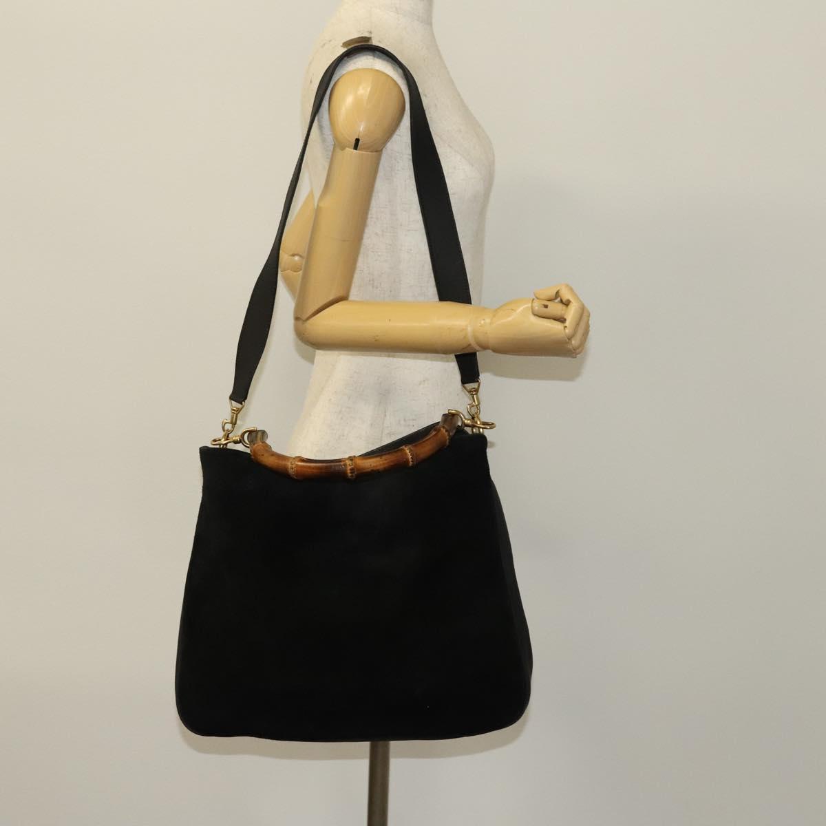 GUCCI Bamboo Shoulder Bag Suede 2way Black Gold 01 1705 1577 Auth 138502