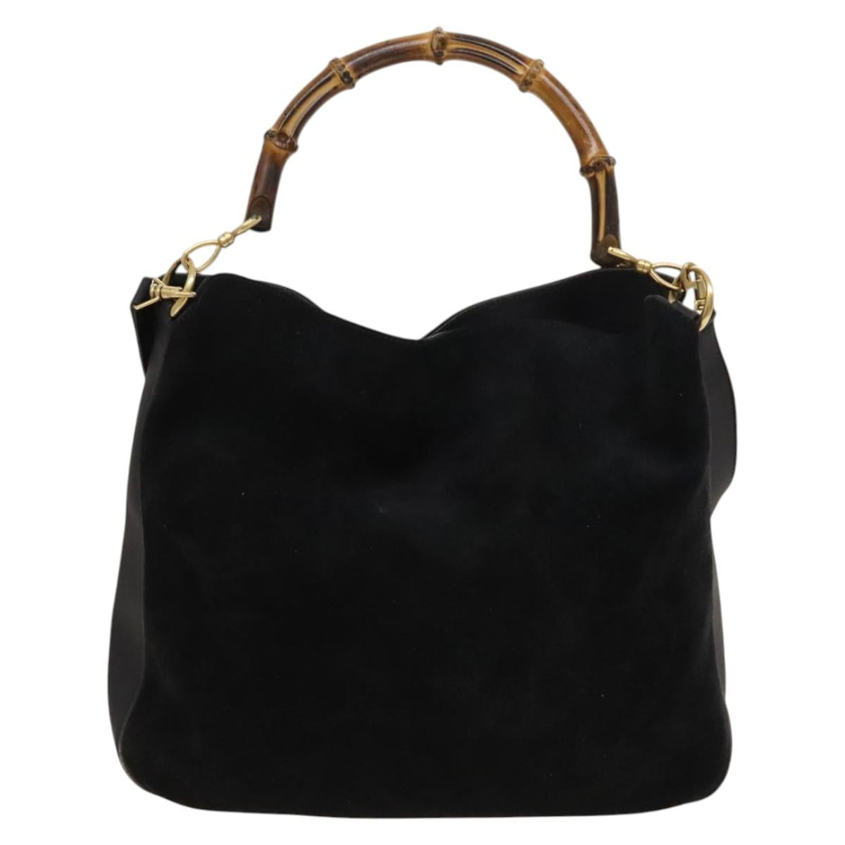 GUCCI Bamboo Shoulder Bag Suede 2way Black Gold 01 1705 1577 Auth 138502