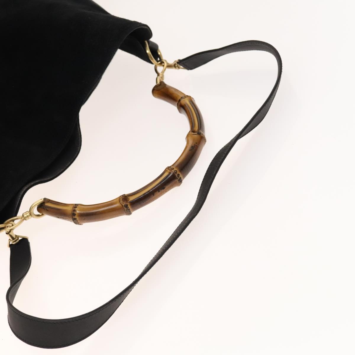 GUCCI Bamboo Shoulder Bag Suede 2way Black Gold 01 1705 1577 Auth 138502