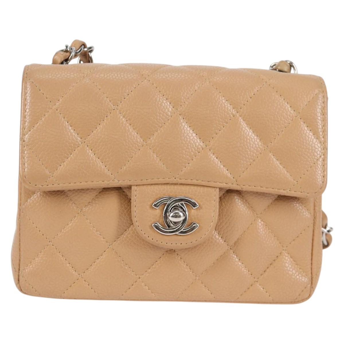 CHANEL Mini Matelasse 17 Chain Shoulder Bag Caviar Skin Beige CC Auth 138560V